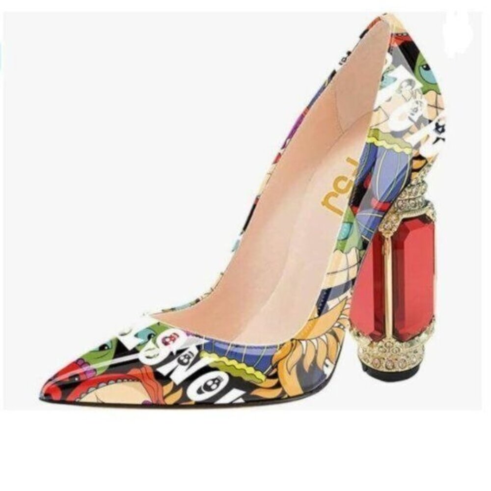 FSJ Cartoon Bridal Pointed Toe Chunky High Heel Crystal Pumps Wedding Dress Shoe